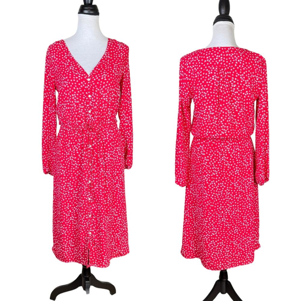 GAP Red Colorful Micro Floral Long Sleeve Tie Waist Button Front Midi Dress